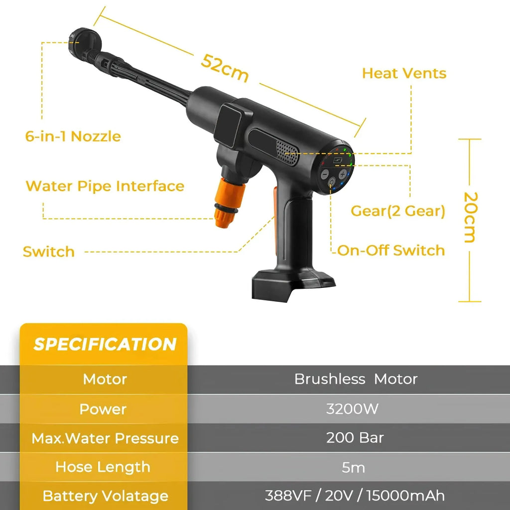 Cordless Pressure Washer Gun 3500W 200 Bar | Compatible Makita 18V Battery | Car and Garden Cleaning