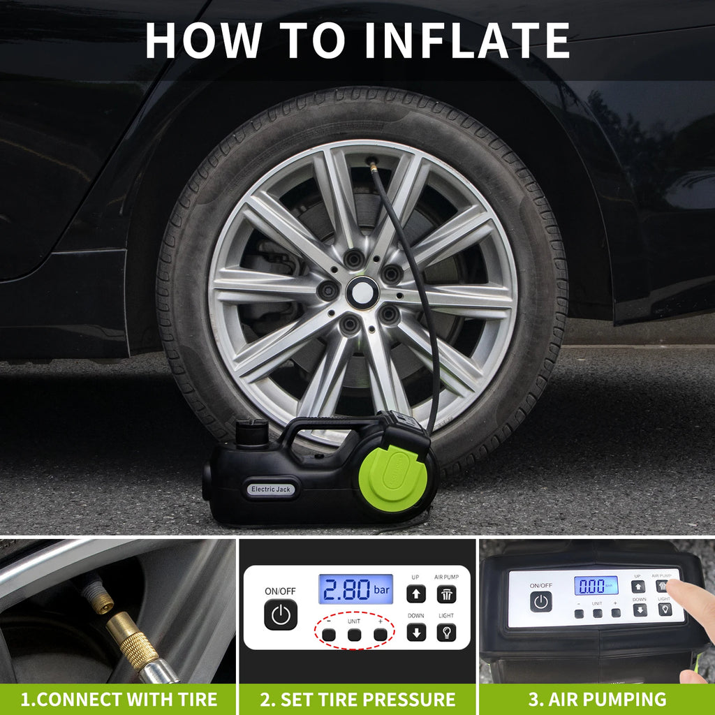 Kit Gato Eléctrico 12V 5 Toneladas 4 en 1 FOVOW – Gato Hidráulico + Llave de Impacto + Compresor + Luz LED