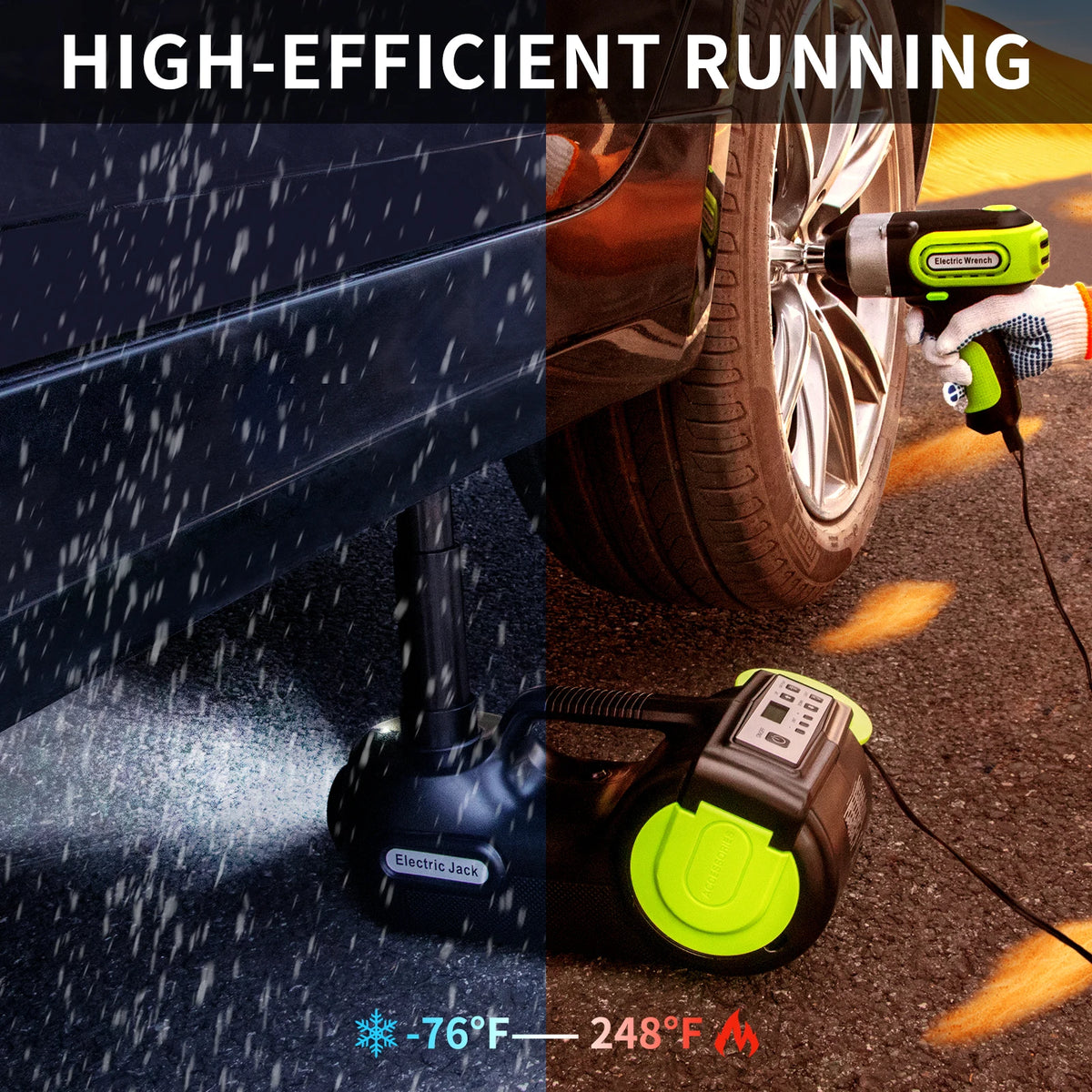 Kit Gato Eléctrico 12V 5 Toneladas 4 en 1 FOVOW – Gato Hidráulico + Llave de Impacto + Compresor + Luz LED