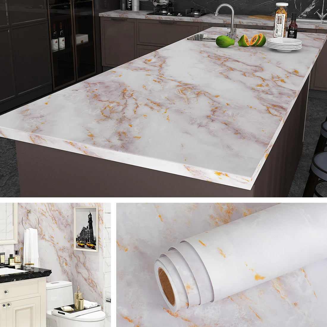 Vinilo Autoadhesivo Efecto Mármol | PVC Impermeable Resistente al Calor | Rollo 60cm | Cocina Baño Encimeras
