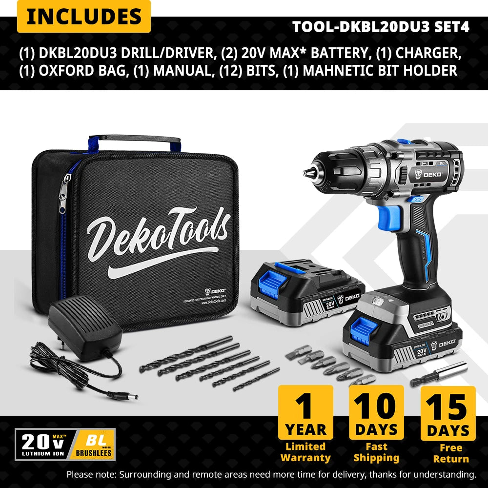 Taladro Atornillador Inalámbrico DEKO 20V Brushless - Kit Compacto (42N.m)