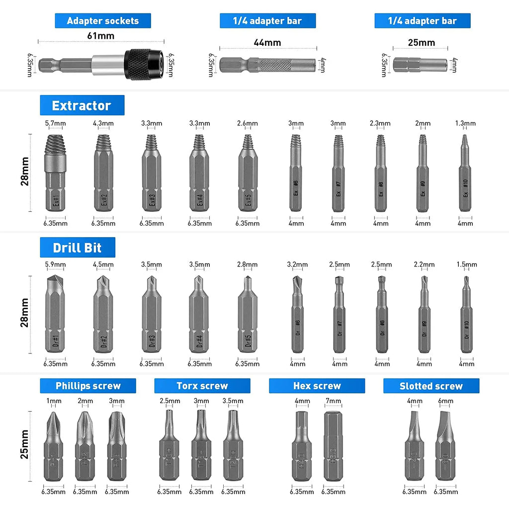 Kit Extractor de Tornillos Dañados 33 Piezas con Manguito