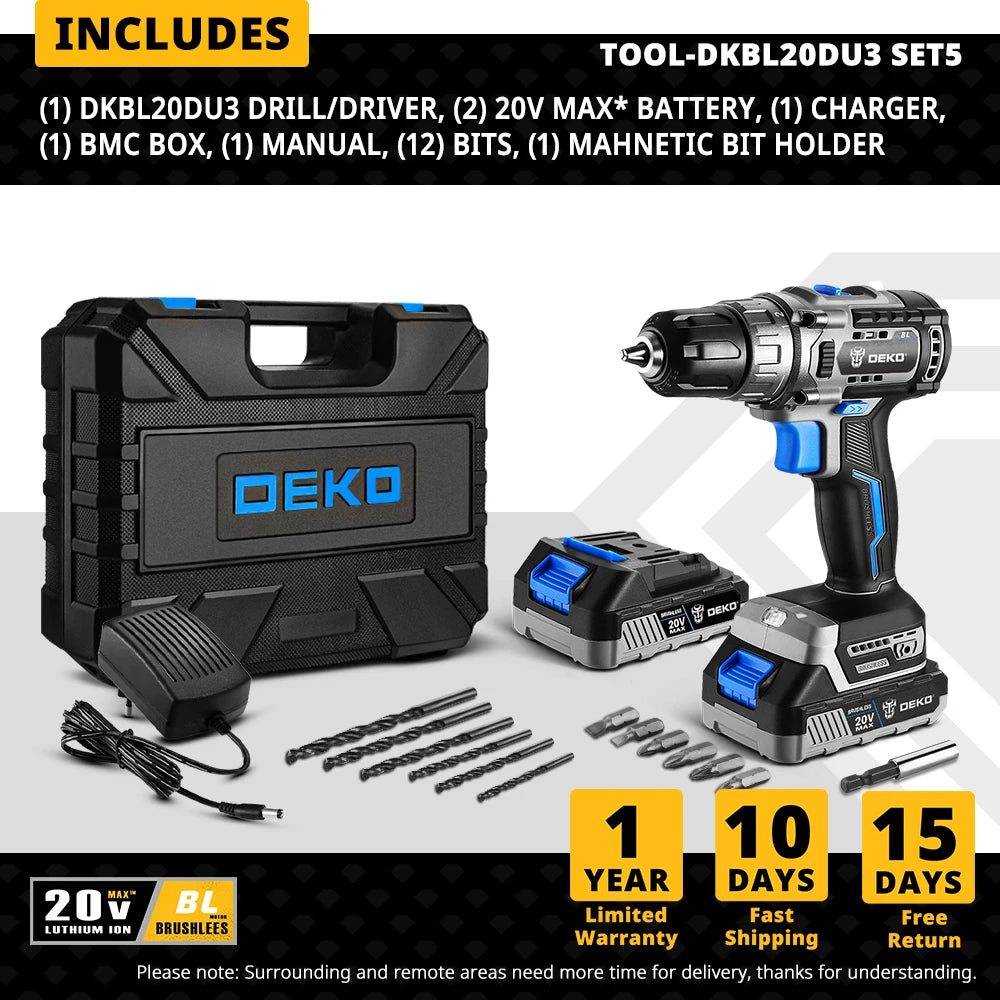 Taladro Atornillador Inalámbrico DEKO 20V Brushless - Kit Compacto (42N.m)