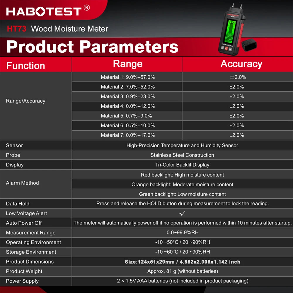 HABOTEST HT73 Digital Moisture Meter - Wood and Building