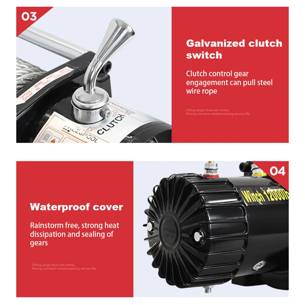 TUNGFULL 12V/24V Waterproof Electric Winch – Self-Recovery Crane for SUV and Off-Road Vehicle