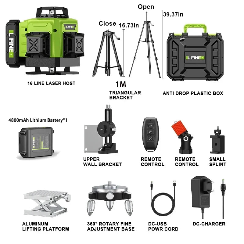 Nivel Láser 4D 16 Líneas Verdes 360° Autonivelante – IP54 – Batería 4800mAh