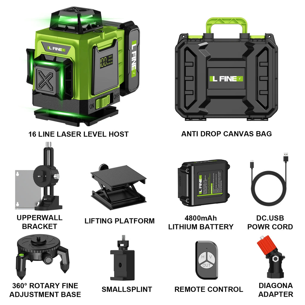 Nivel Láser 4D 16 Líneas Verdes 360° Autonivelante – IP54 – Batería 4800mAh