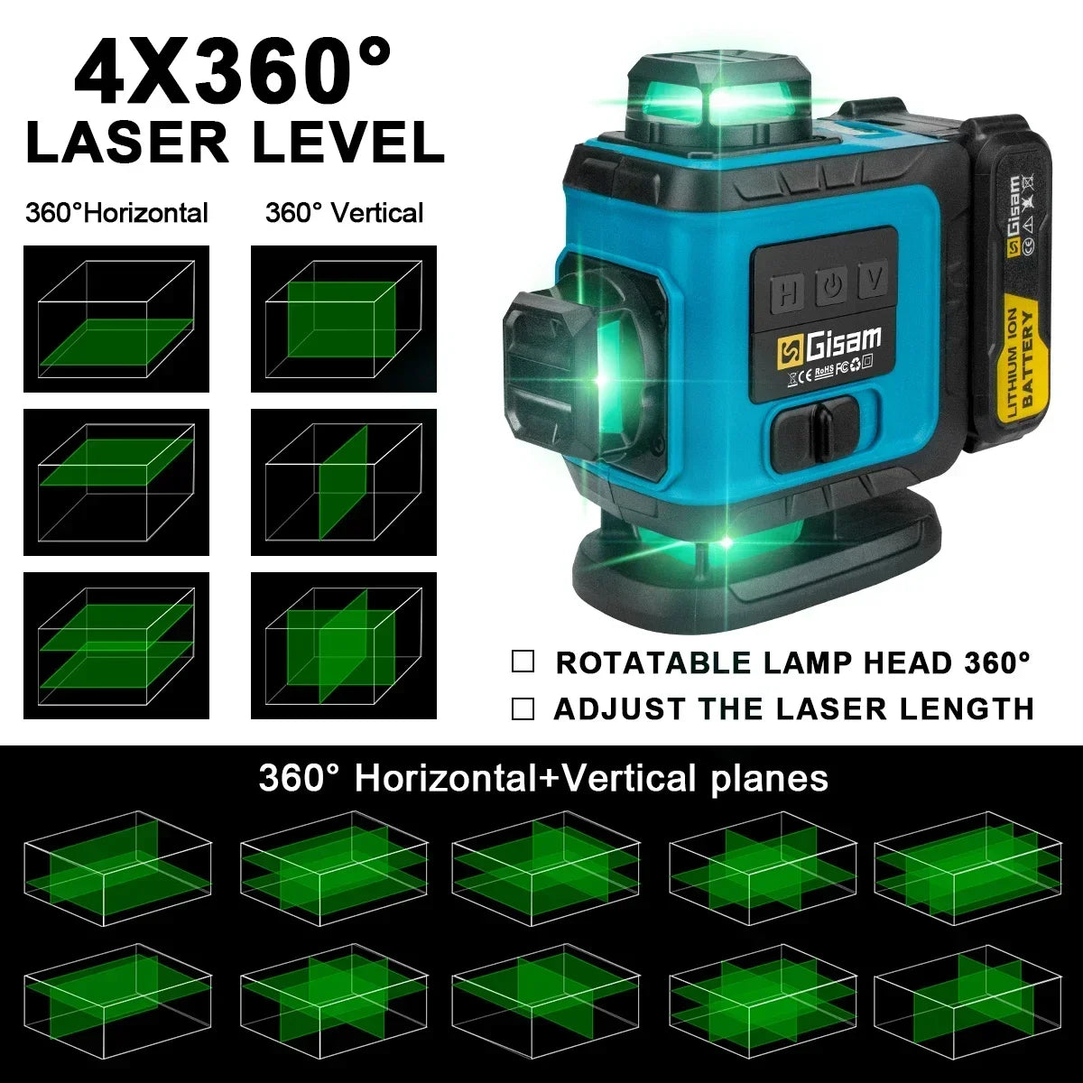 Nivel Láser 4D 16 Líneas Verde Autonivelante Gisam – 360° con Mando a Distancia y App