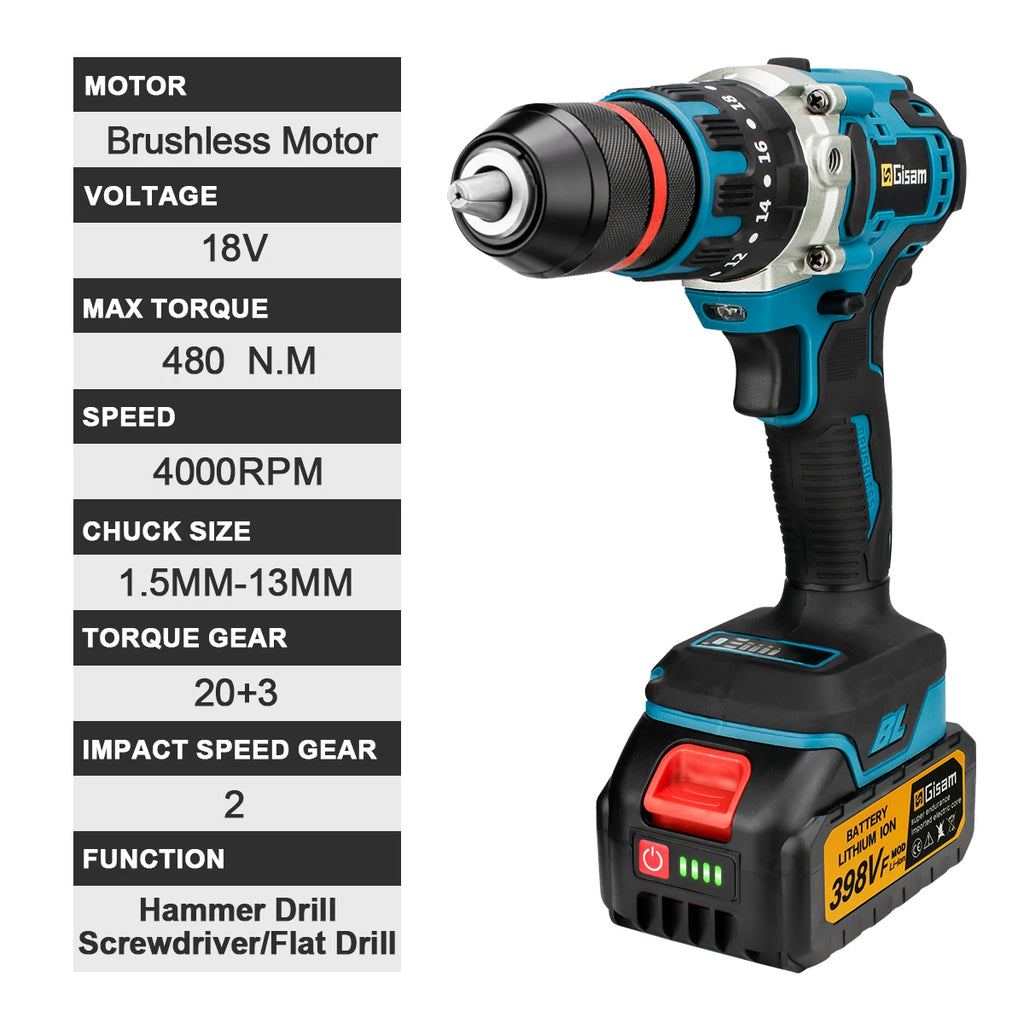 Taladro Percutor Inalámbrico Brushless 18V - 480N.M (13mm)