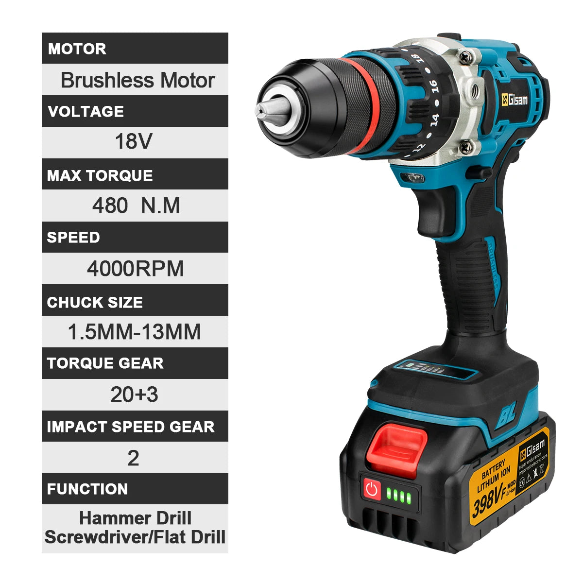 Taladro Percutor Inalámbrico Brushless 18V - 480N.M (13mm)