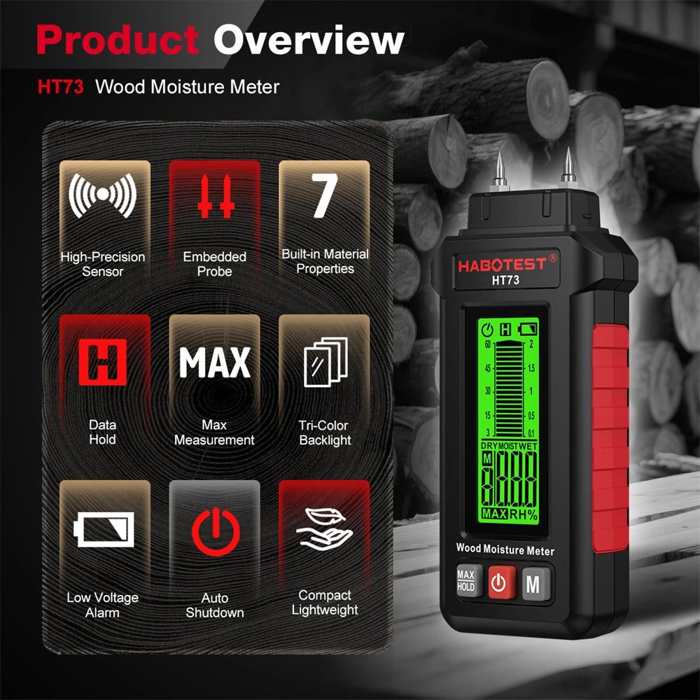 HABOTEST HT73 Digital Moisture Meter - Wood and Building