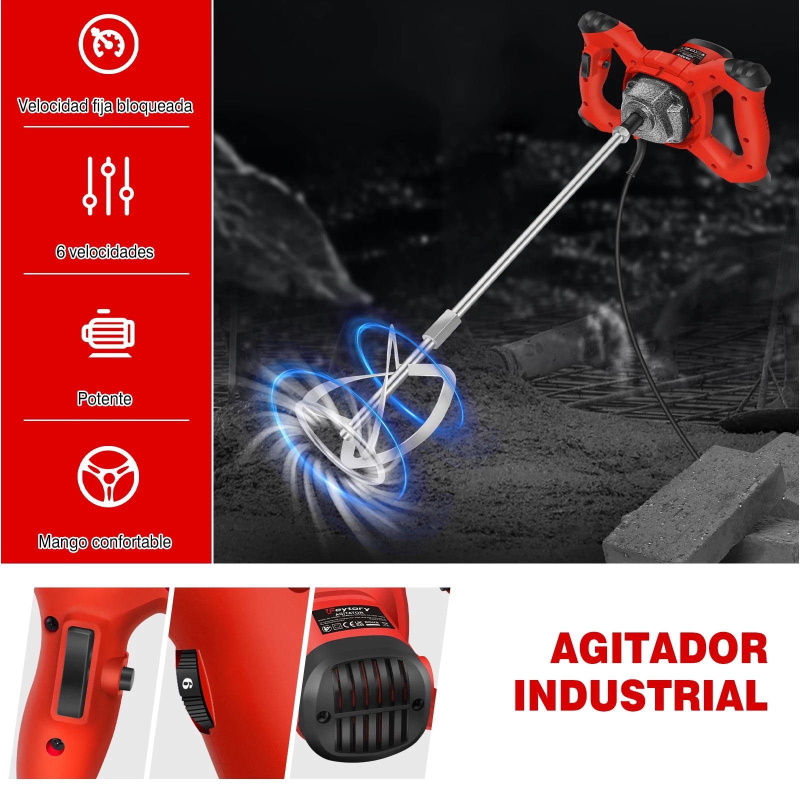 Mezcladora de Hormigón Portátil DayPlus 2600W - Varilla M14, 6 Velocidades