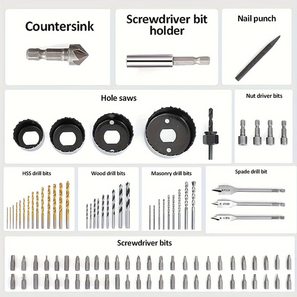 Set de 100 Puntas y Brocas para Atornillador - Metal, Madera, Mampostería y Plástico