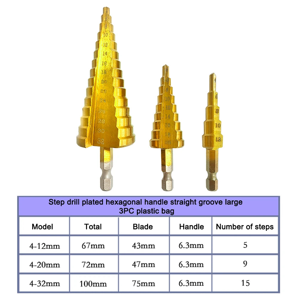 Set de Brocas Escalonadas de Titanio - Vástago Hexagonal (3-32mm)