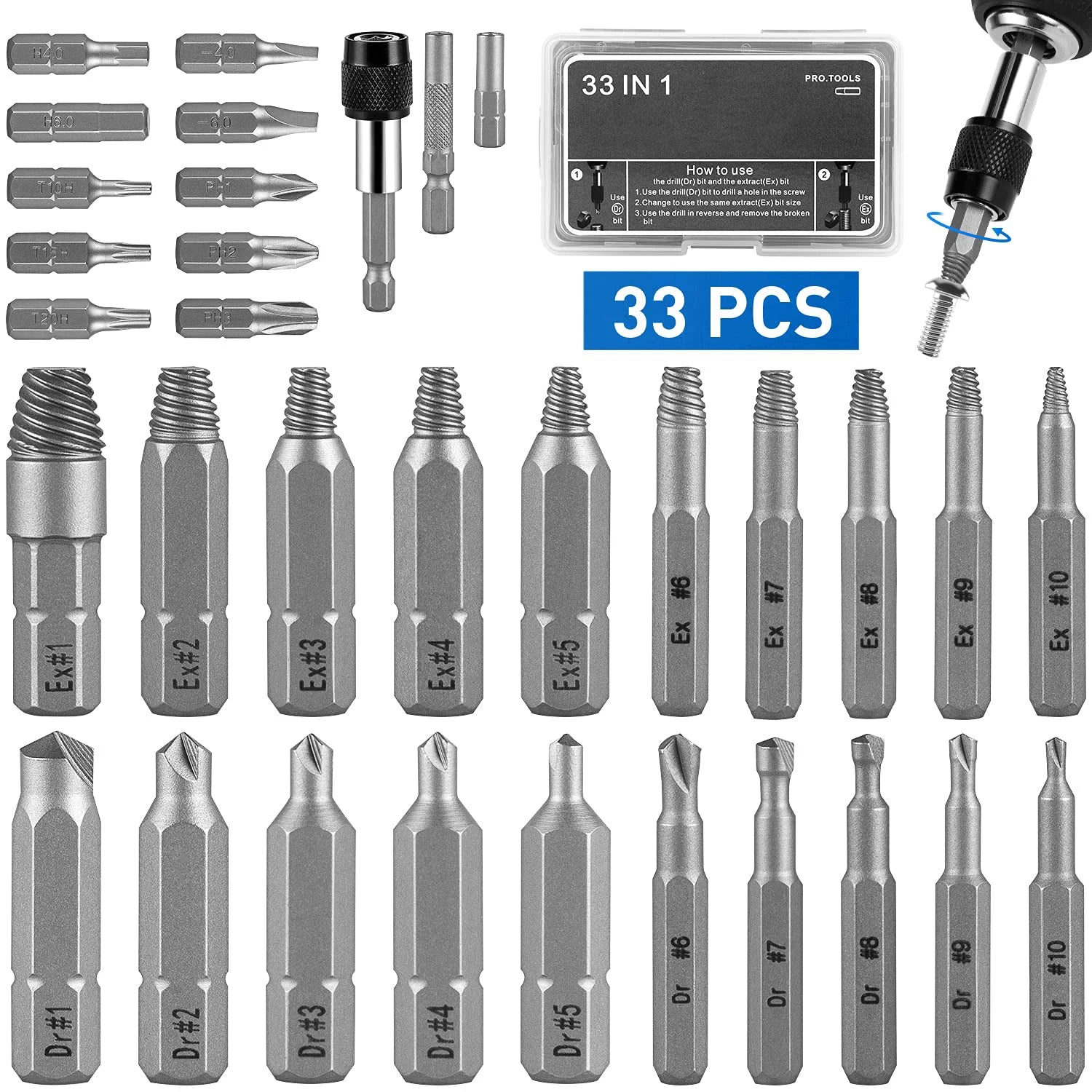 Kit Extractor de Tornillos Dañados 33 Piezas con Manguito