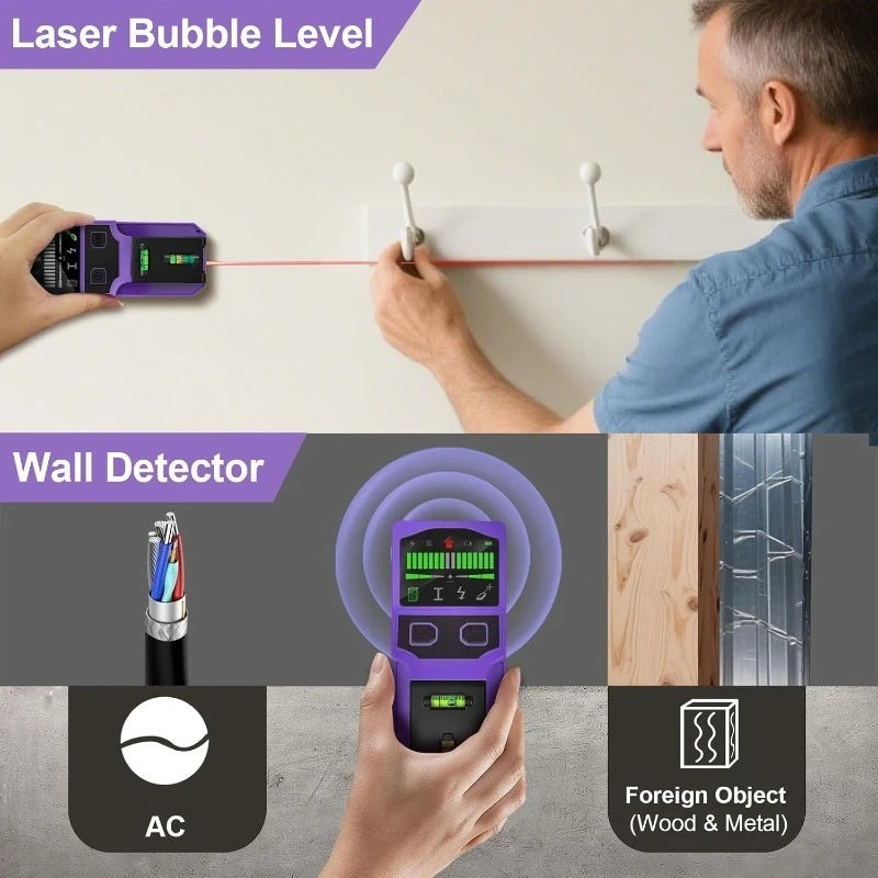 Detector de Montantes con Nivel Láser y Pantalla LCD – Metal, Madera, Cable AC y Tuberías