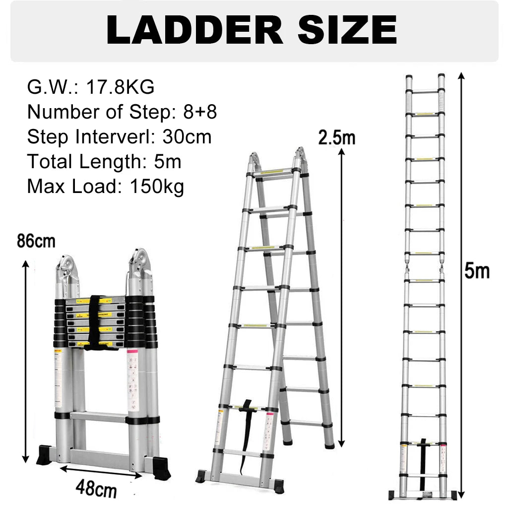 Escalera Telescópica Plegable A-Frame 3,8m / 5m | Aluminio o Acero Inox | Carga 150 kg | Certificado EN131