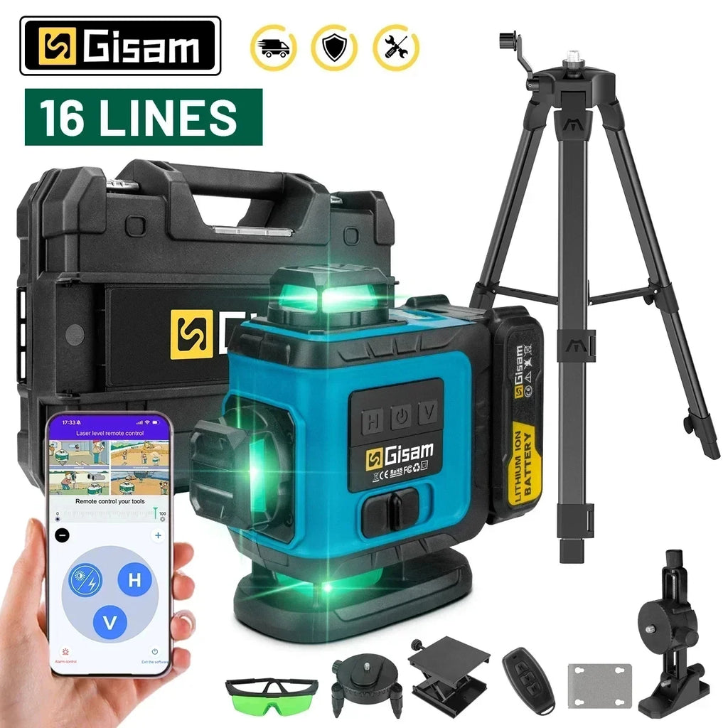 Nivel Láser 4D 16 Líneas Verde Autonivelante Gisam – 360° con Mando a Distancia y App