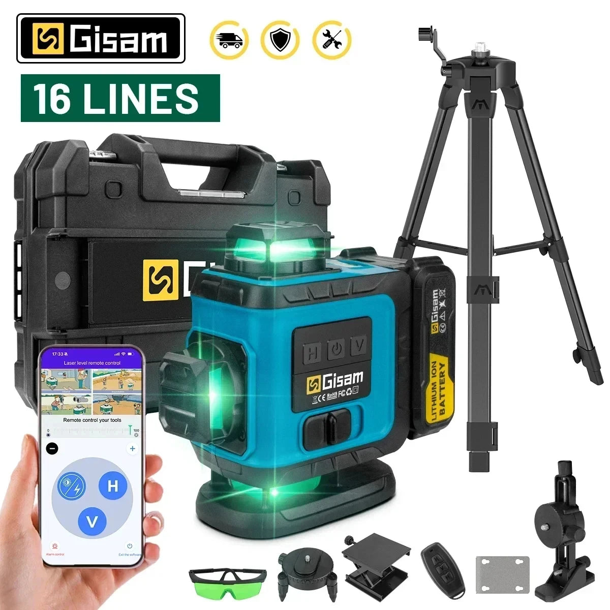 Nivel Láser 4D 16 Líneas Verde Autonivelante Gisam – 360° con Mando a Distancia y App