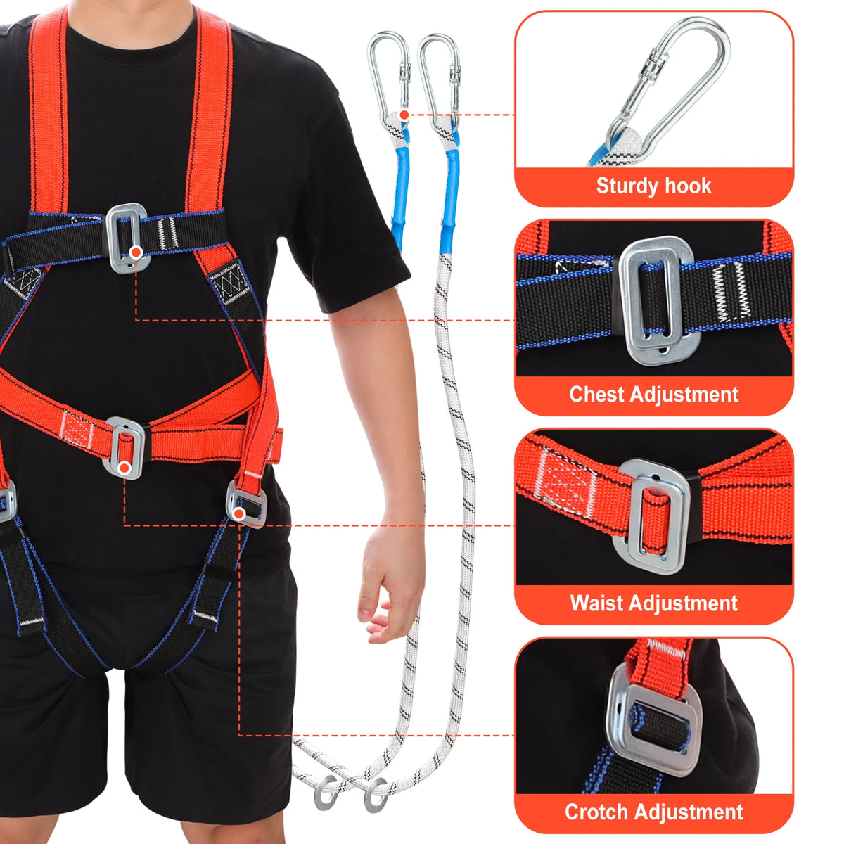 Arnés de Seguridad Cuerpo Completo con Cuerda 2m y Mosquetón para Altura