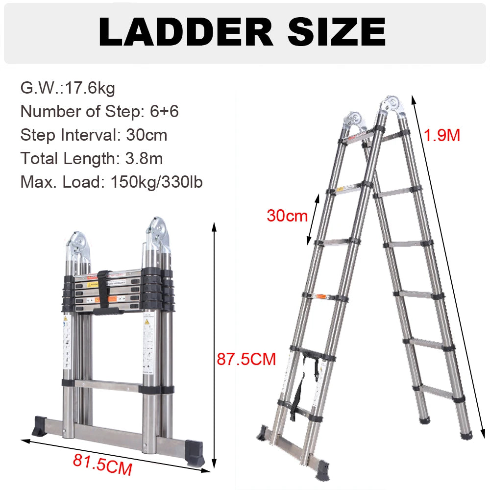Escalera Telescópica Plegable A-Frame 3,8m / 5m | Aluminio o Acero Inox | Carga 150 kg | Certificado EN131