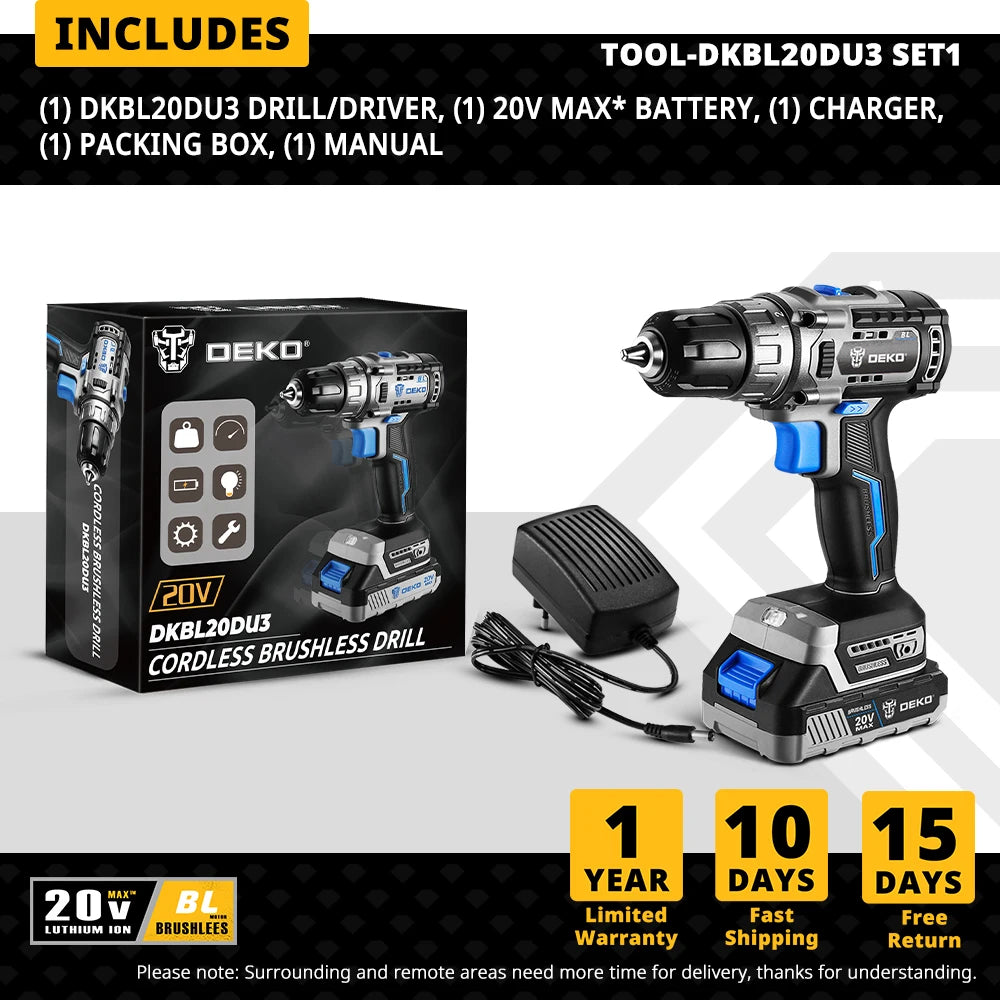 Taladro Atornillador Inalámbrico DEKO 20V Brushless - Kit Compacto (42N.m)