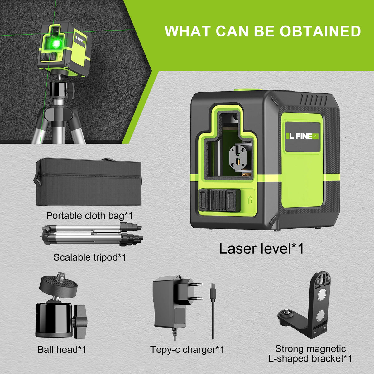 Nivel Láser Verde 2 Líneas Autonivelante 360° LFINE – Recargable 10h con Trípode Incluido