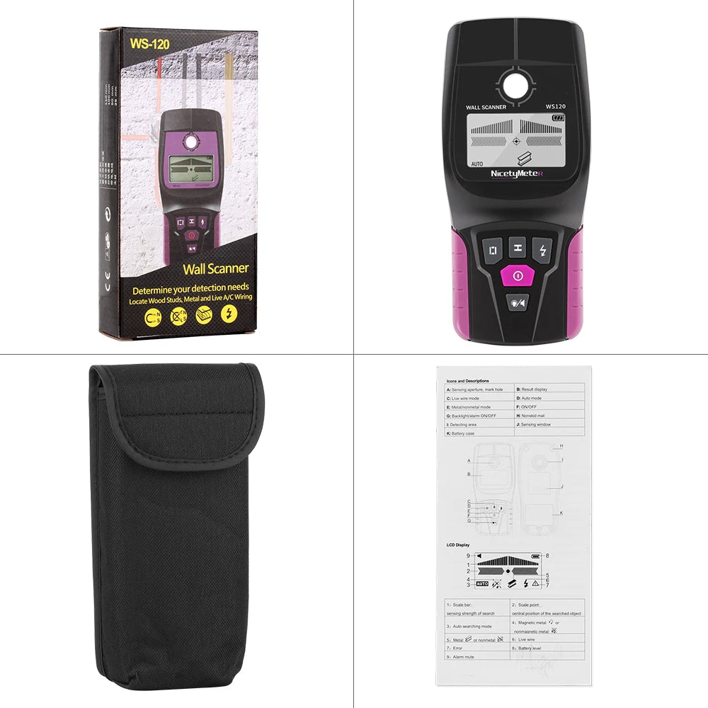 Detector de Paredes Multifunción RZ WS120 – Cables en Tensión, Tuberías PVC y Metal con Pantalla LCD