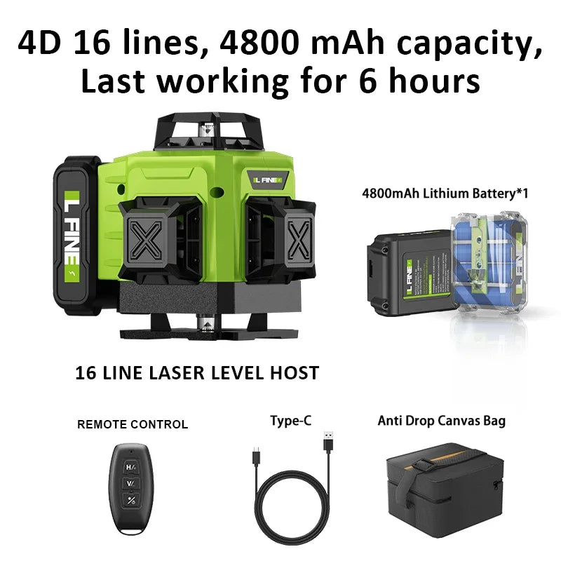Nivel Láser 4D 16 Líneas Verdes 360° Autonivelante – IP54 – Batería 4800mAh