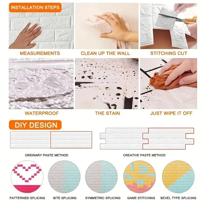 Papel Pintado 3D Autoadhesivo Efecto Ladrillo | Rollo Continuo 70cm x 1/3/5/10M | Impermeable