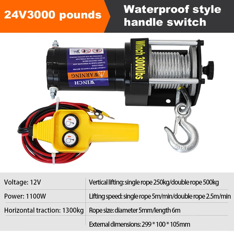 TUNGFULL 12V/24V Waterproof Electric Winch – Self-Recovery Crane for SUV and Off-Road Vehicle