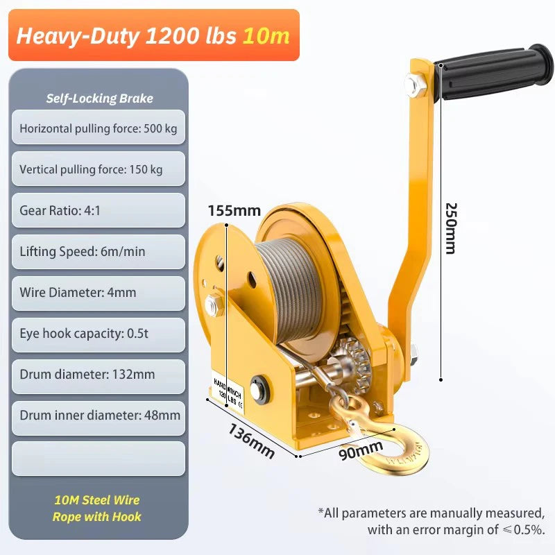 Polipasto Manual Bidireccional Portátil 1.200 lb – Torno de Tracción con Autobloqueo para Elevación y Rescate