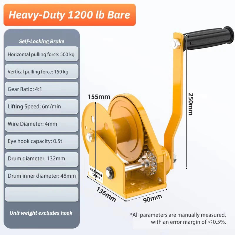 Polipasto Manual Bidireccional Portátil 1.200 lb – Torno de Tracción con Autobloqueo para Elevación y Rescate