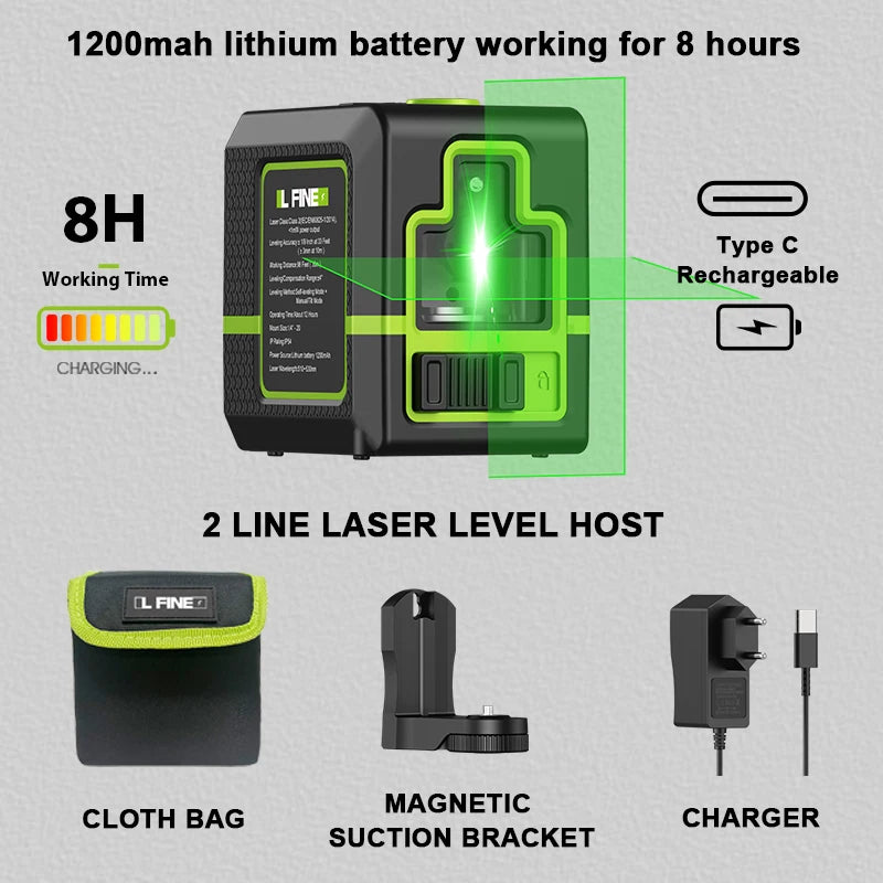 Nivel Láser Verde 2 Líneas Autonivelante 360° LFINE – Recargable 10h con Trípode Incluido