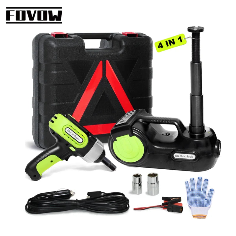 Kit Gato Eléctrico 12V 5 Toneladas 4 en 1 FOVOW – Gato Hidráulico + Llave de Impacto + Compresor + Luz LED