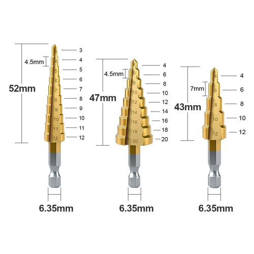 Titanium Coated HSS Stepped Drills 3-20mm