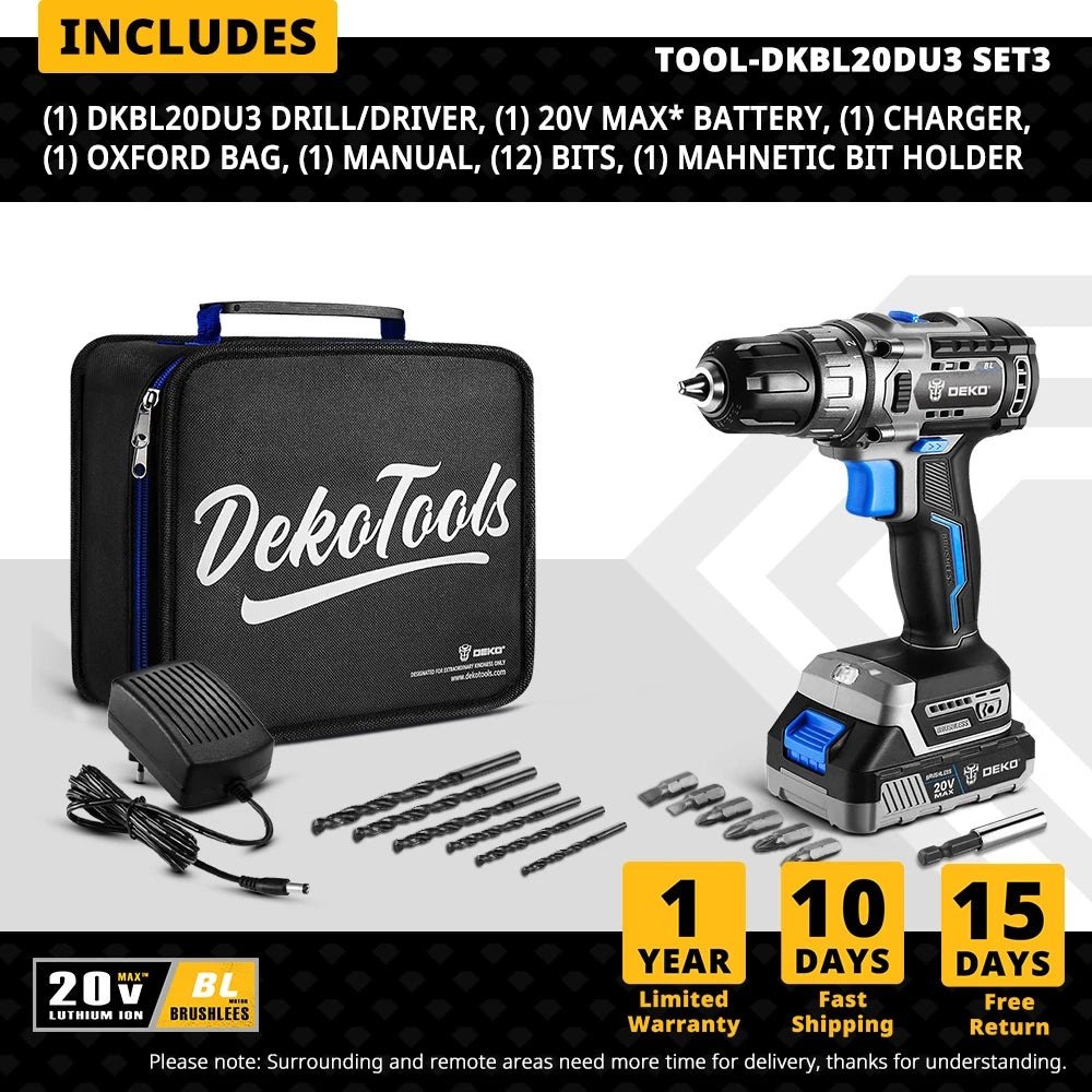 Taladro Atornillador Inalámbrico DEKO 20V Brushless - Kit Compacto (42N.m)