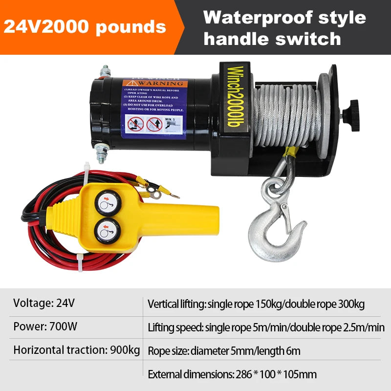 TUNGFULL 12V/24V Waterproof Electric Winch – Self-Recovery Crane for SUV and Off-Road Vehicle