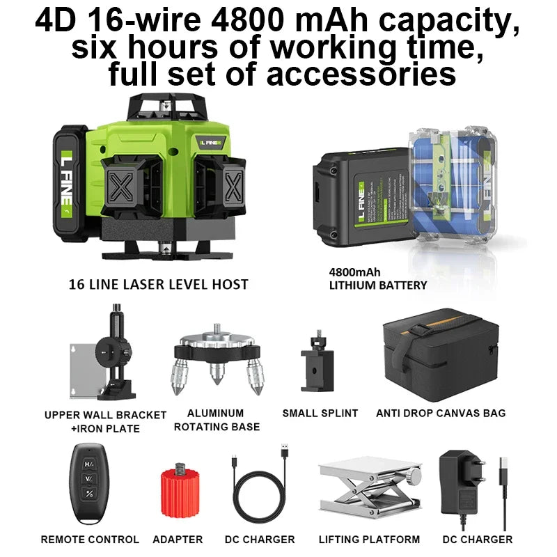 Nivel Láser 4D 16 Líneas Verdes 360° Autonivelante – IP54 – Batería 4800mAh