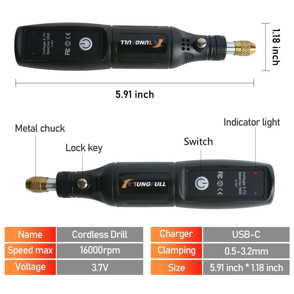 TUNGFULL USB Cordless Rotary Mini Drill – DIY Engraving, Polishing, and Carving