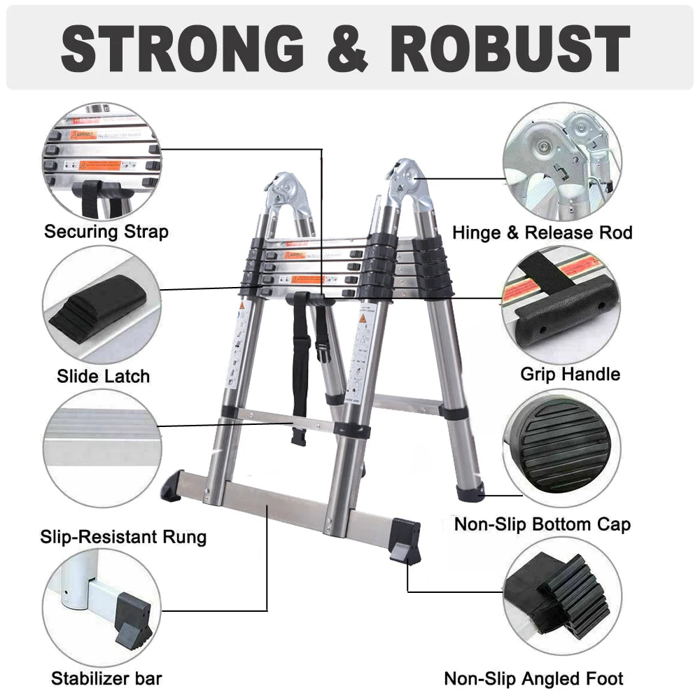 Escalera Telescópica Plegable A-Frame 3,8m / 5m | Aluminio o Acero Inox | Carga 150 kg | Certificado EN131