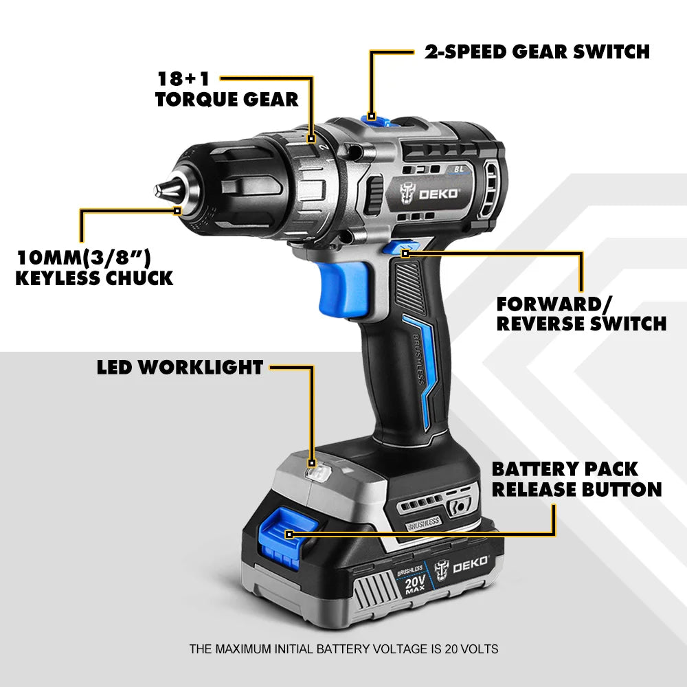 Taladro Atornillador Inalámbrico DEKO 20V Brushless - Kit Compacto (42N.m)