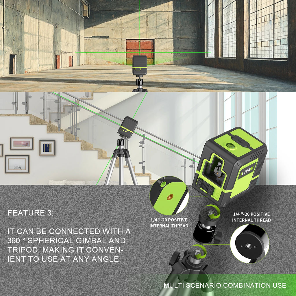 Nivel Láser Verde 2 Líneas Autonivelante 360° LFINE – Recargable 10h con Trípode Incluido