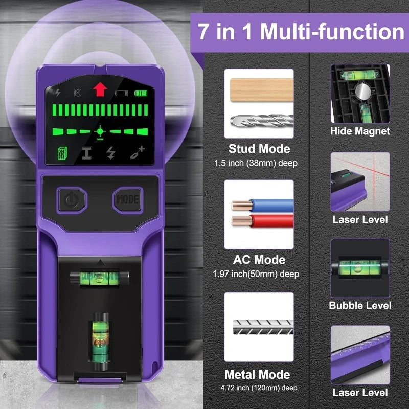 Detector de Montantes con Nivel Láser y Pantalla LCD – Metal, Madera, Cable AC y Tuberías
