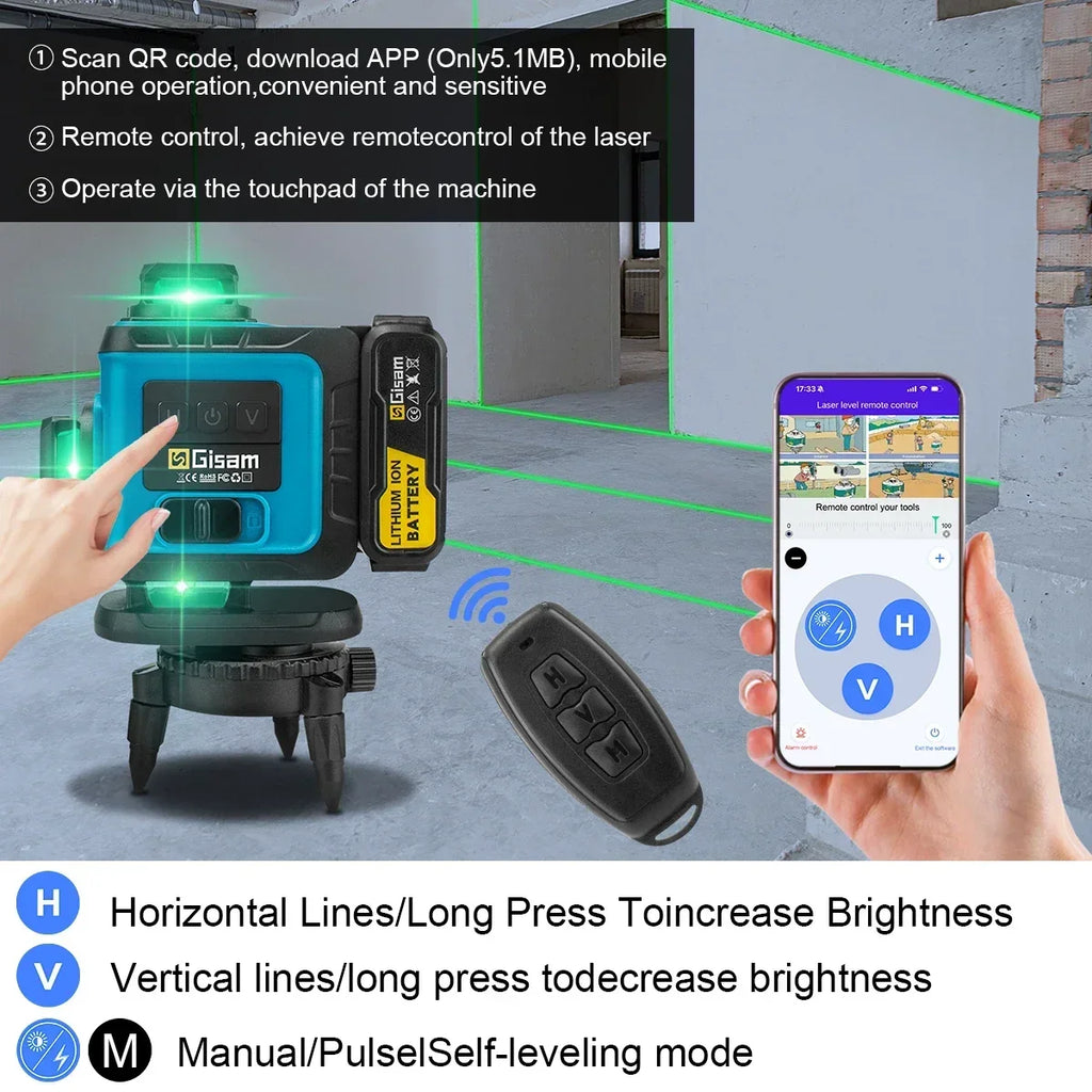 Nivel Láser 4D 16 Líneas Verde Autonivelante Gisam – 360° con Mando a Distancia y App