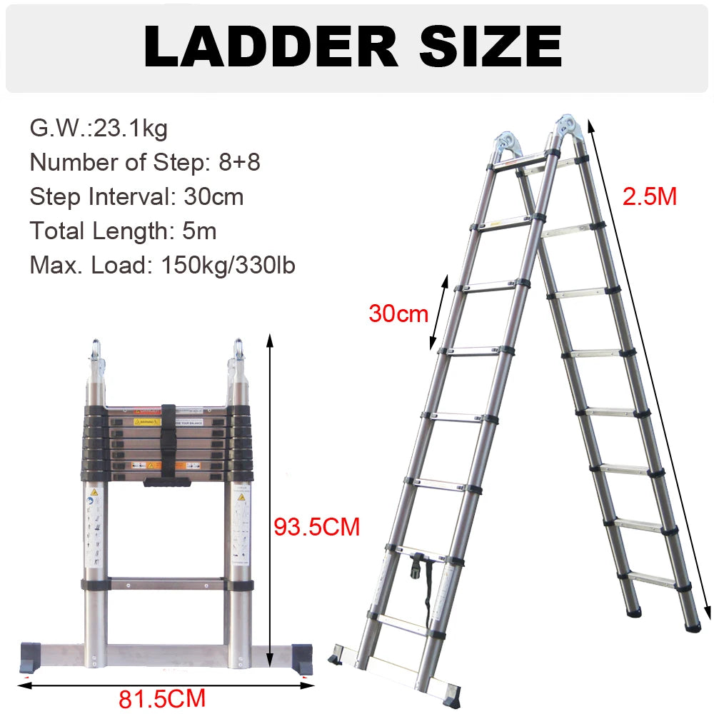 Escalera Telescópica Plegable A-Frame 3,8m / 5m | Aluminio o Acero Inox | Carga 150 kg | Certificado EN131