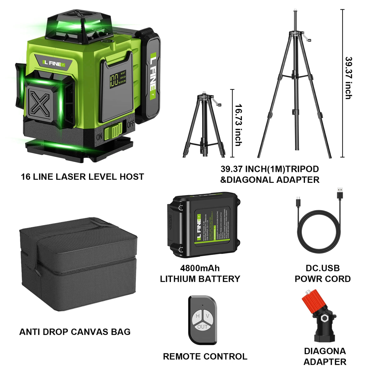 Nivel Láser 4D 16 Líneas Verdes 360° Autonivelante – IP54 – Batería 4800mAh