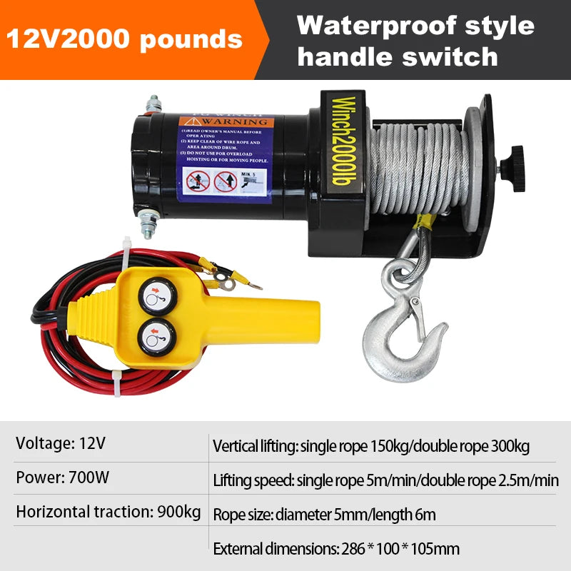 TUNGFULL 12V/24V Waterproof Electric Winch – Self-Recovery Crane for SUV and Off-Road Vehicle