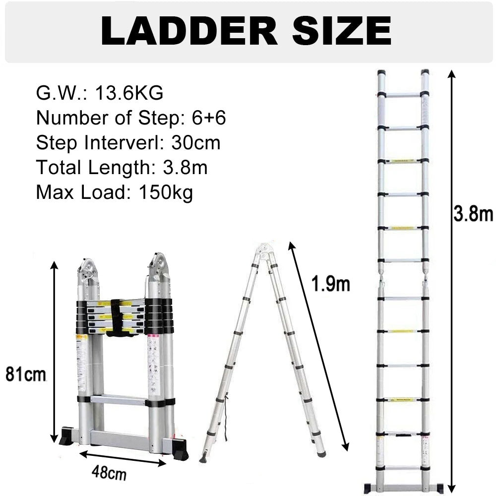 Escalera Telescópica Plegable A-Frame 3,8m / 5m | Aluminio o Acero Inox | Carga 150 kg | Certificado EN131