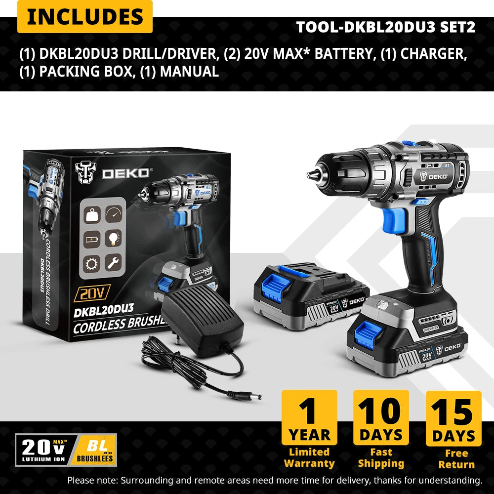 Taladro Atornillador Inalámbrico DEKO 20V Brushless - Kit Compacto (42N.m)